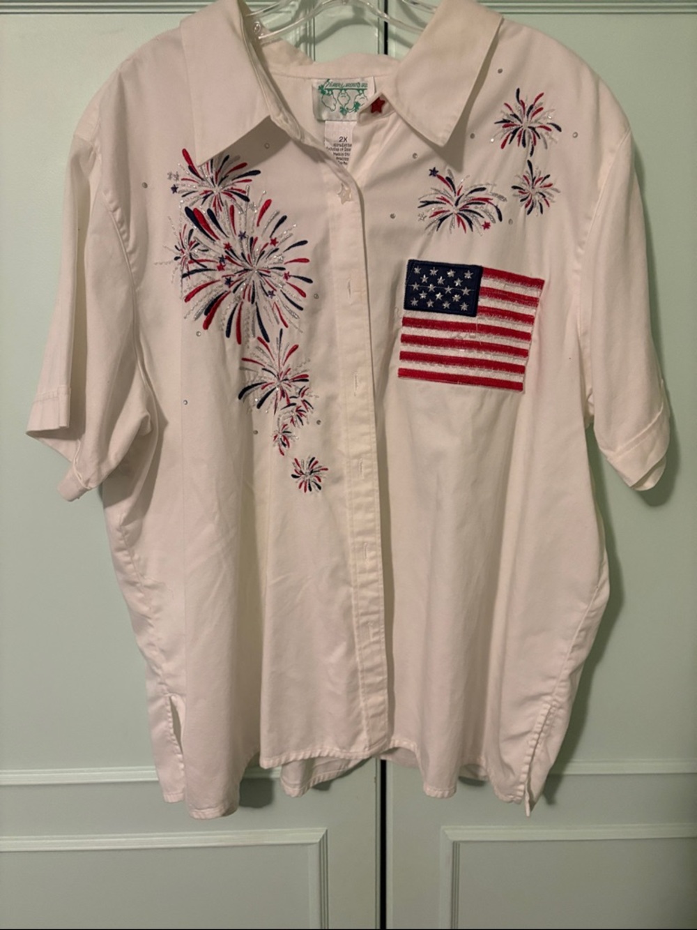Patriotic Embroidered White Button-Down Blouse